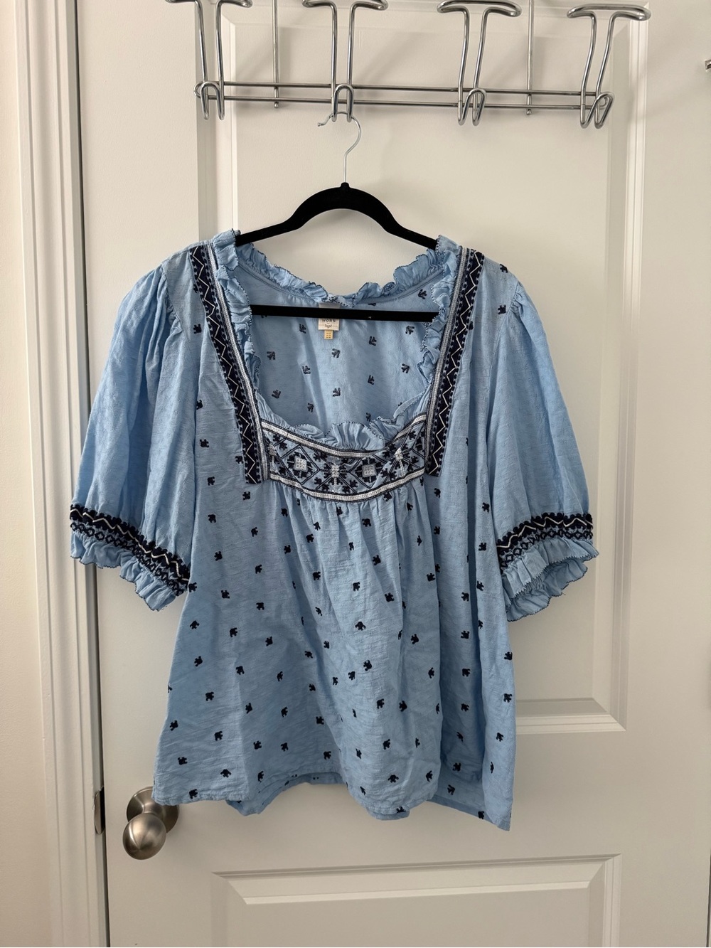 Anthropologie Light Blue Embroidered Square-Neck Peasant Blouse